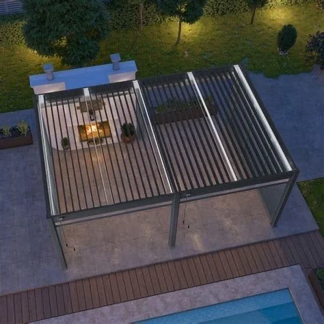 Nowoczesna pergola stojąca na drewnianym na tarasie 